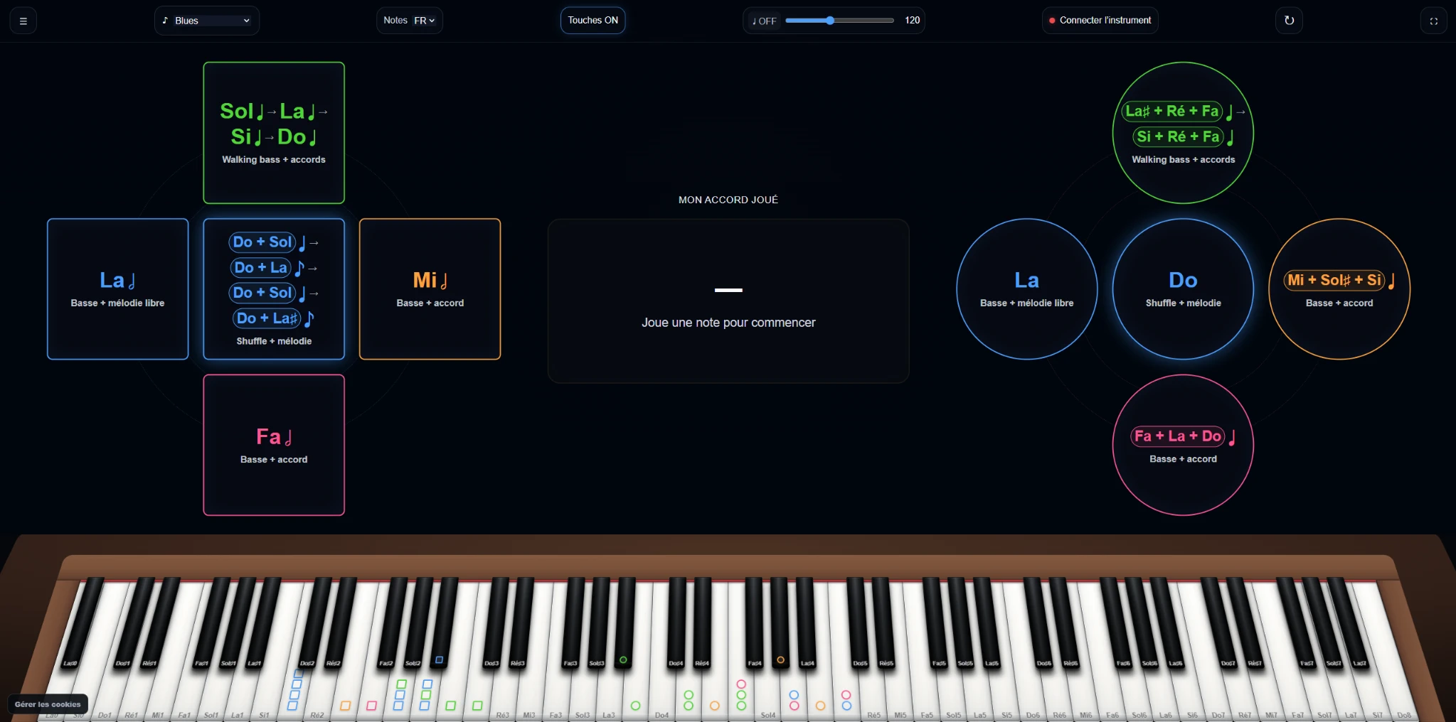 Interface complète du mode improvisation de MusicLevelUp avec clavier et repères visuels