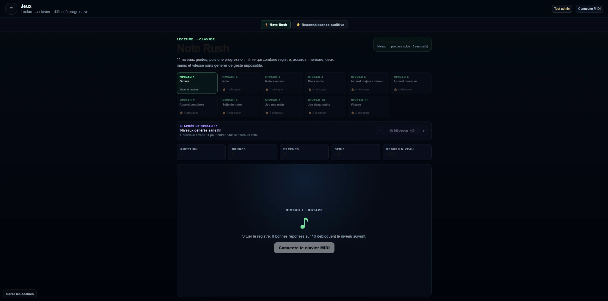 Interface du mode Jeux de MusicLevelUp avec exercices progressifs de lecture de notes au piano