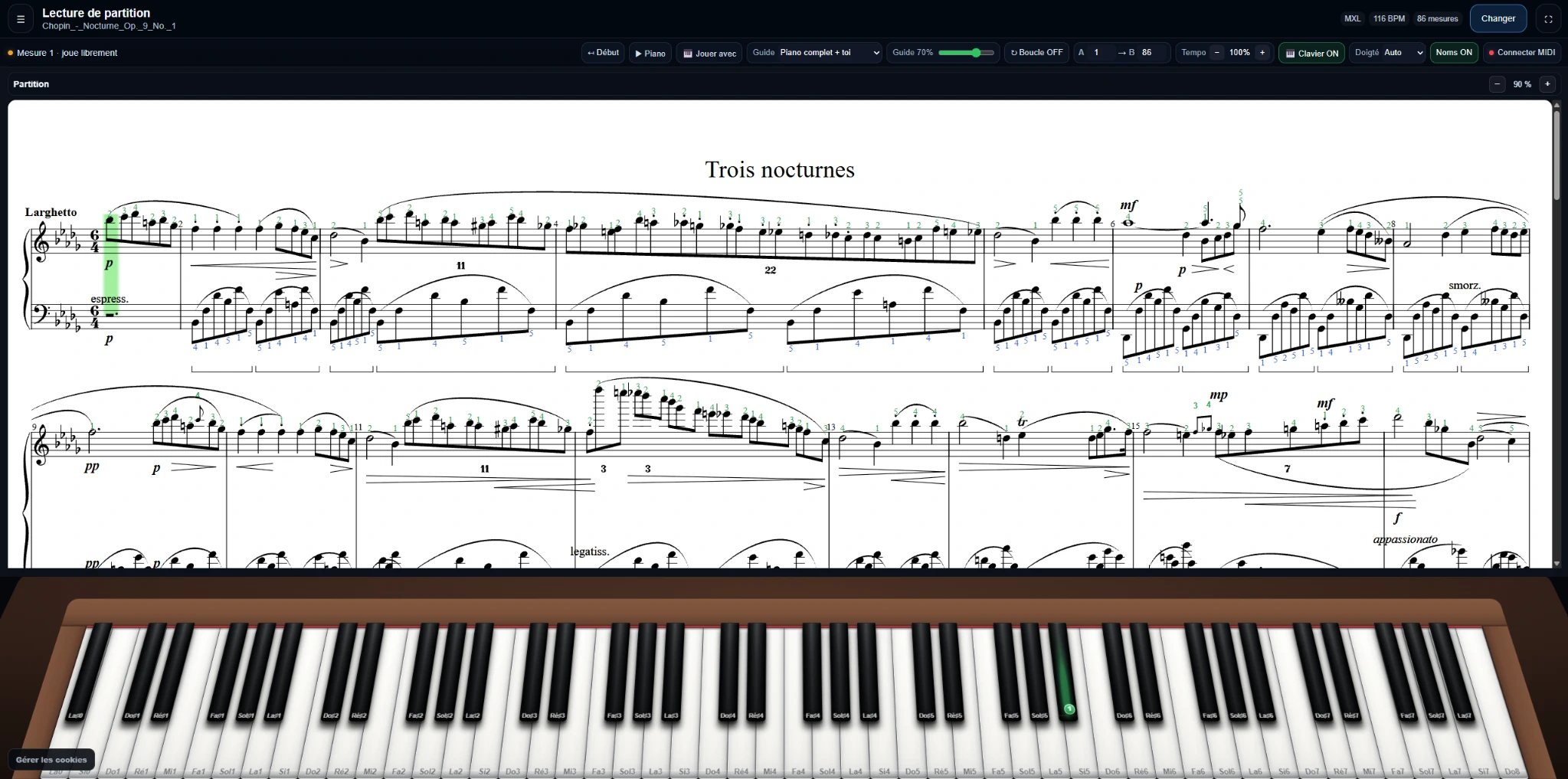 Interface MusicLevelUp de lecture de partition au piano avec partition interactive, commandes de lecture et clavier visuel
